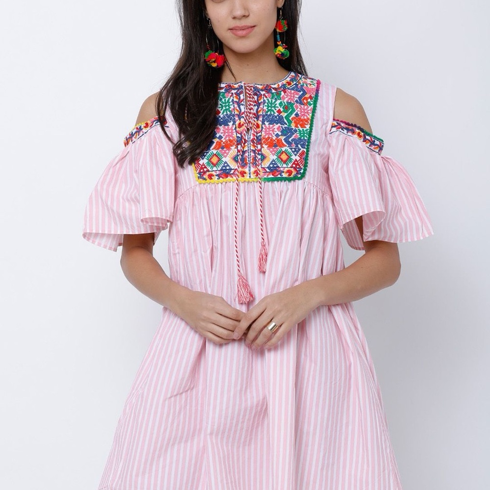 Vibrant Pink Striped Cold-Shoulder Dress